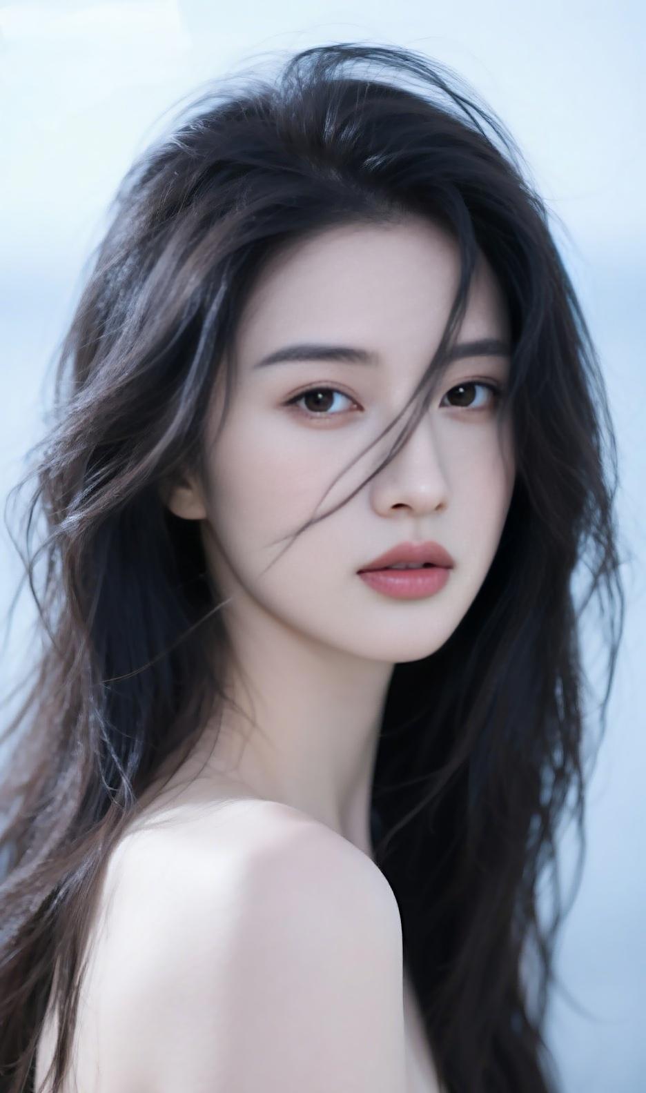 发丝轻扬，拂过眉眼间的温柔缱绻。裸肩线条勾勒出极致的优雅，与澄澈背景相融，尽显松