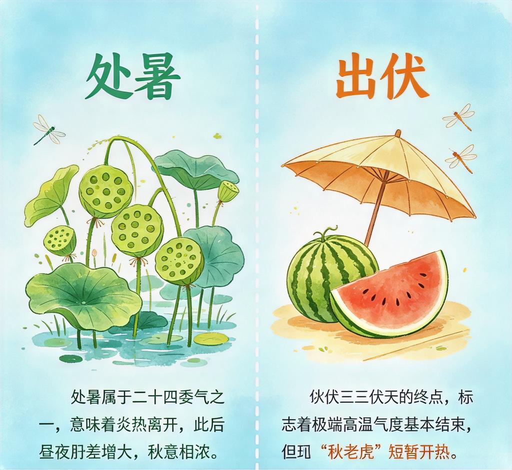 出伏与处暑的区别：
不少人把出伏、处暑混为一谈，二者分属两套计时体系。

出伏，