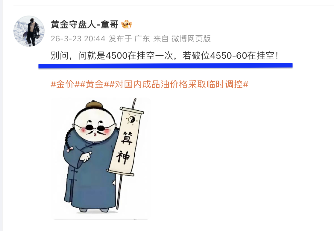 复盘：3月23日（周初）微博记录2900点！黄金4310空 → 4270平仓--