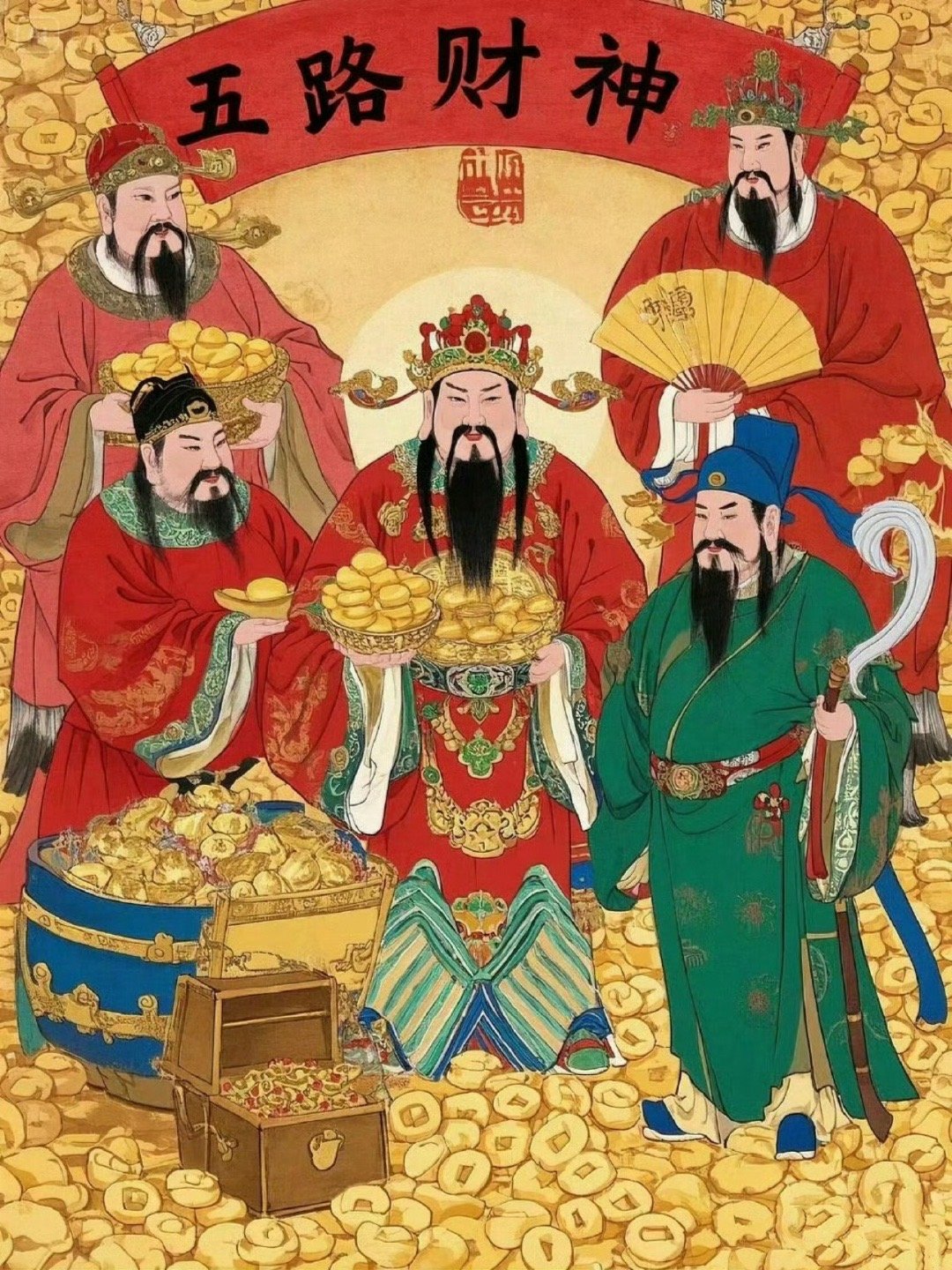 正月初五迎五路财神！新春佳节的第五天，迎财神是中国人春节期间最重要的民间习俗。可