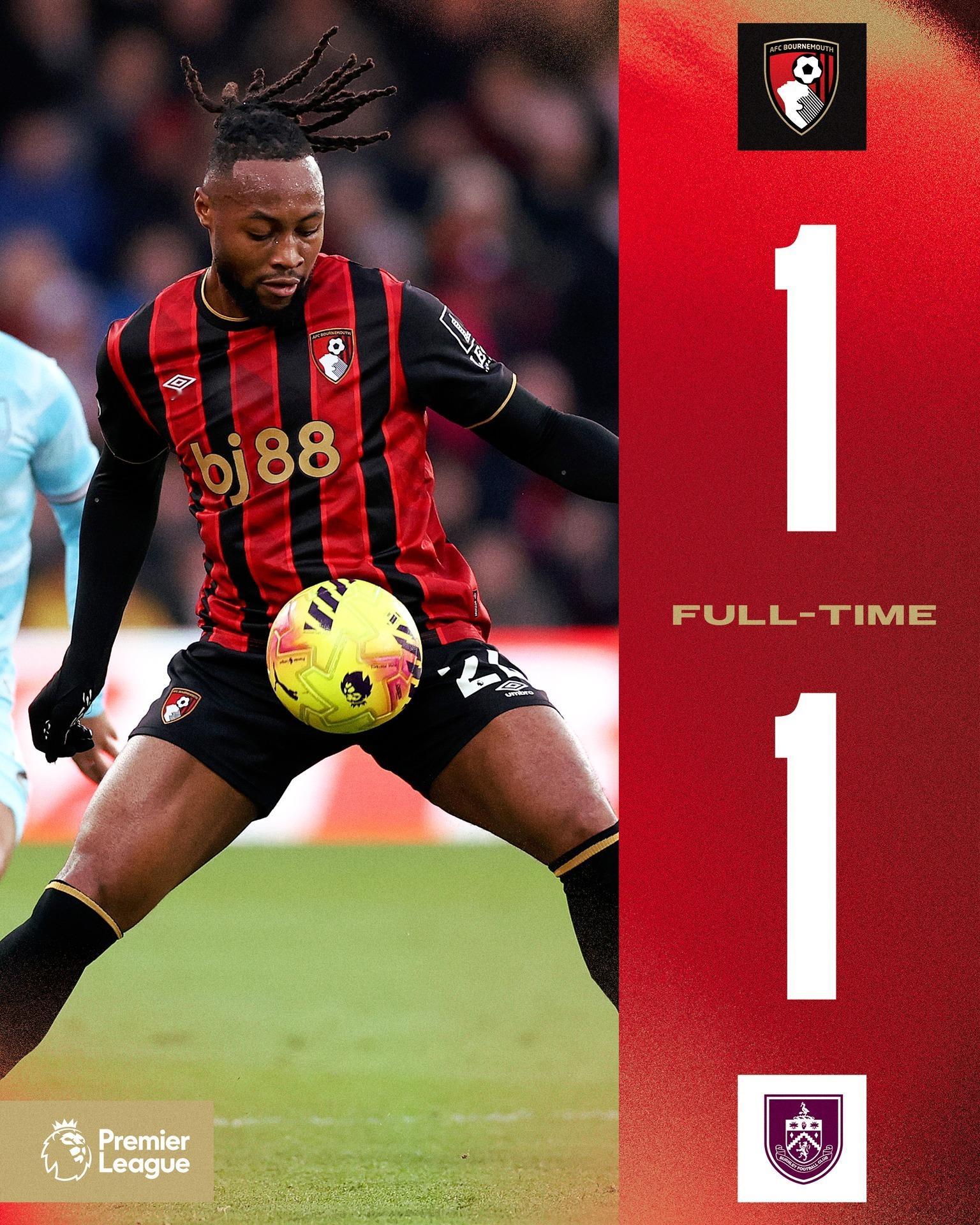 英超 伯恩茅斯主场与伯恩利队1：1握手言和，阿莱克斯·希门尼斯🇪🇸首发出场9