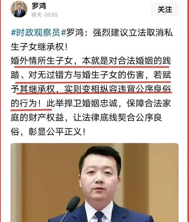 专家罗鸿提了个建议，直接捅了马蜂窝！罗鸿：“强烈建议取消私生子女的继承权！搞婚外