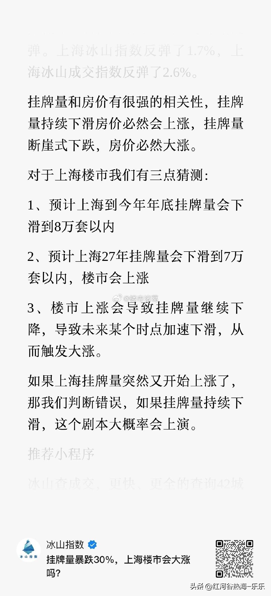 挂牌量比高点下降30%，上海楼市会大涨吗？冰山指数是这么分析的：