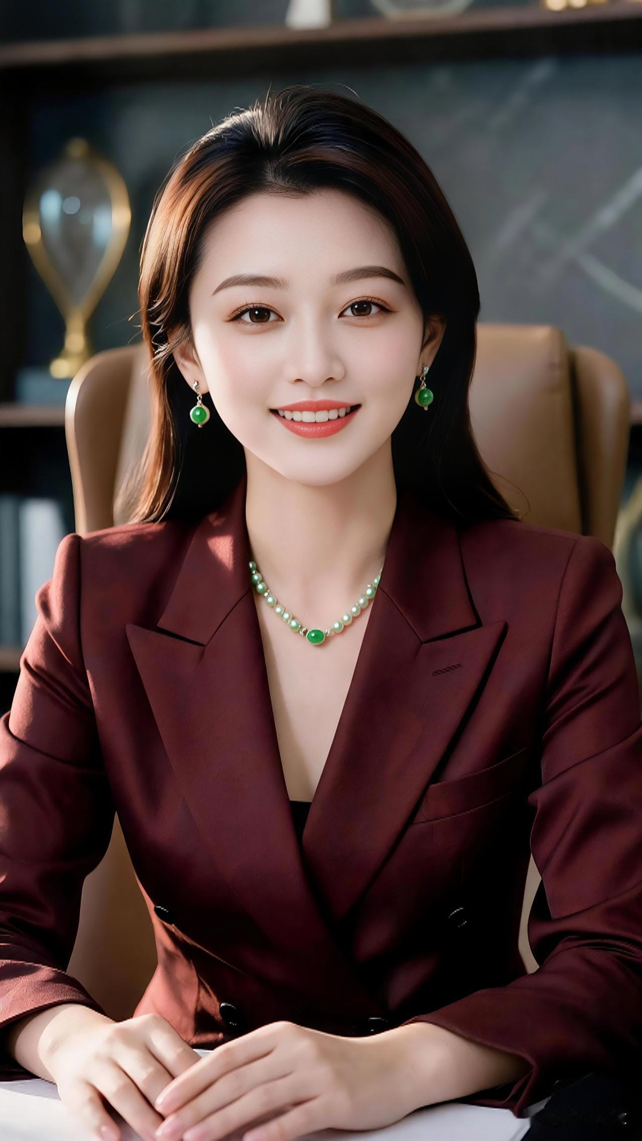 一身干练的酒红西装，搭配温润雅致的翡翠配饰，尽显职场女性的从容与大气。历经岁月沉