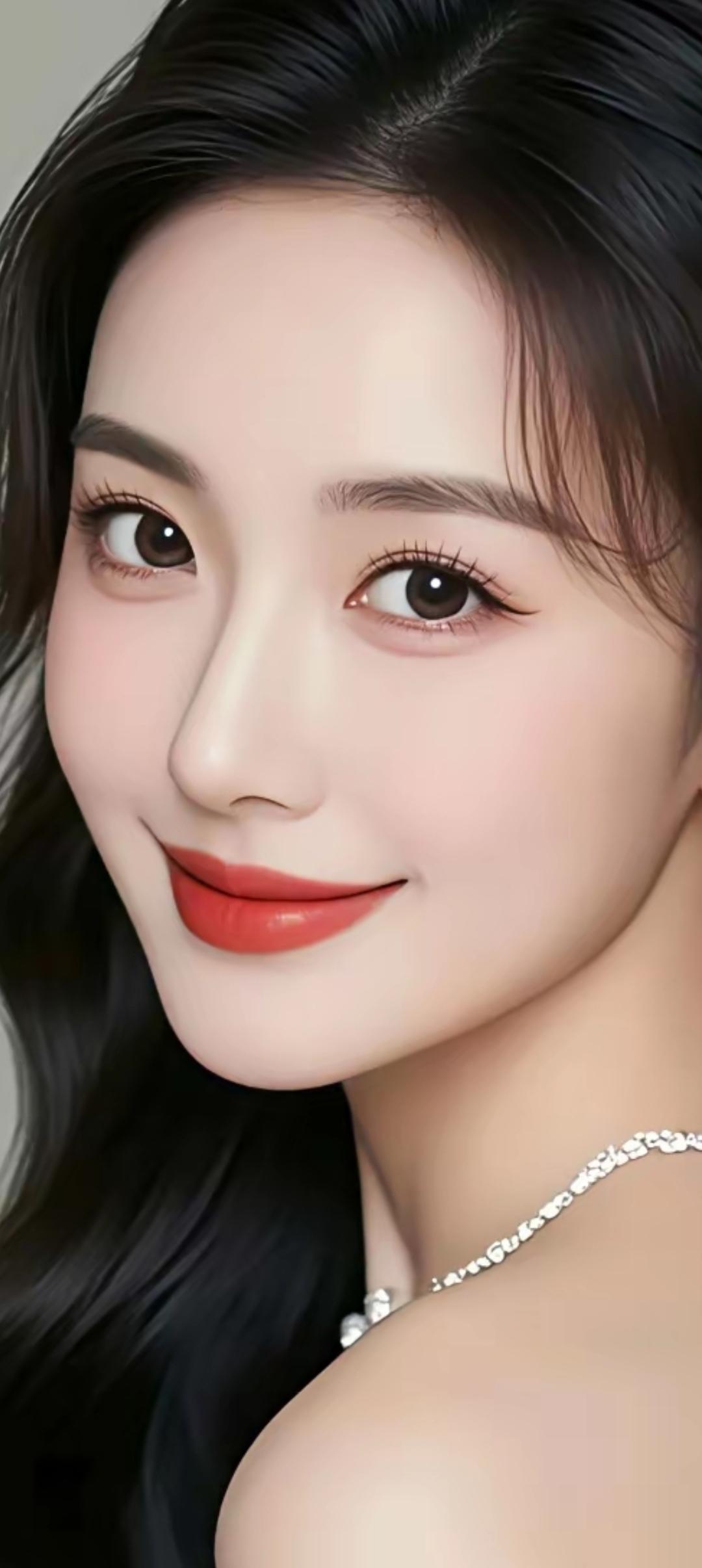 甜美笑容，红唇轻启，闪耀的珍珠项链，优雅动人。