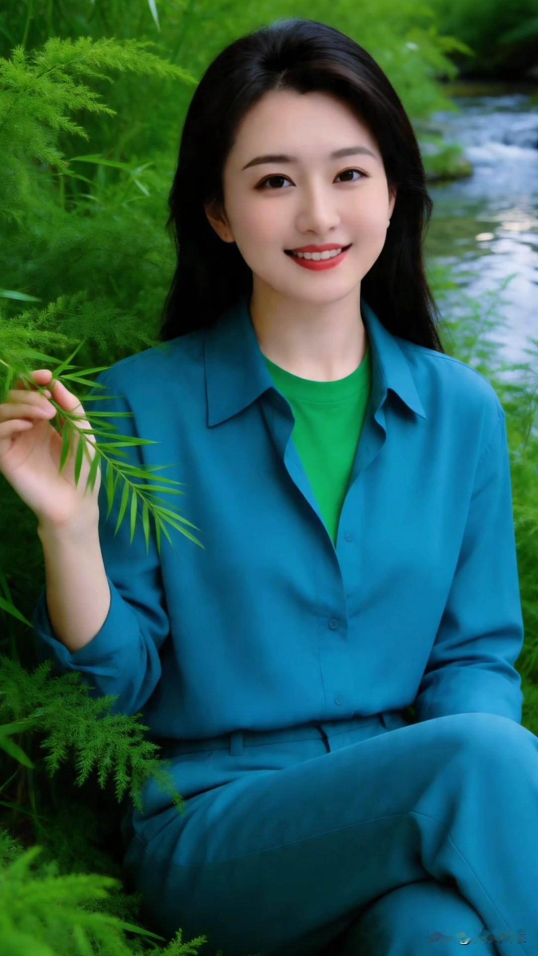 今天穿了一套蓝绿撞色，一头扎进了山林溪涧里🌿
湖蓝色的衬衫+同色系裤子，搭配一