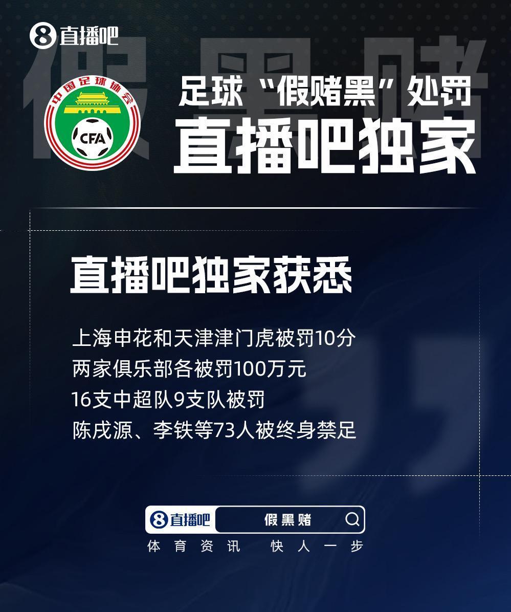 直播吧独家：申花和津门虎被罚10分+罚款100万  16支中超队9队被罚 陈戌源