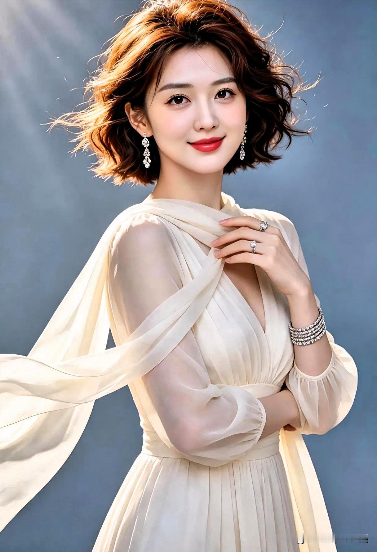 流云纱袖拂柔光，短卷发梢跃日光。碎钻凝露缀耳腕，笑意温婉似春阳。一袭米白曳清辉，
