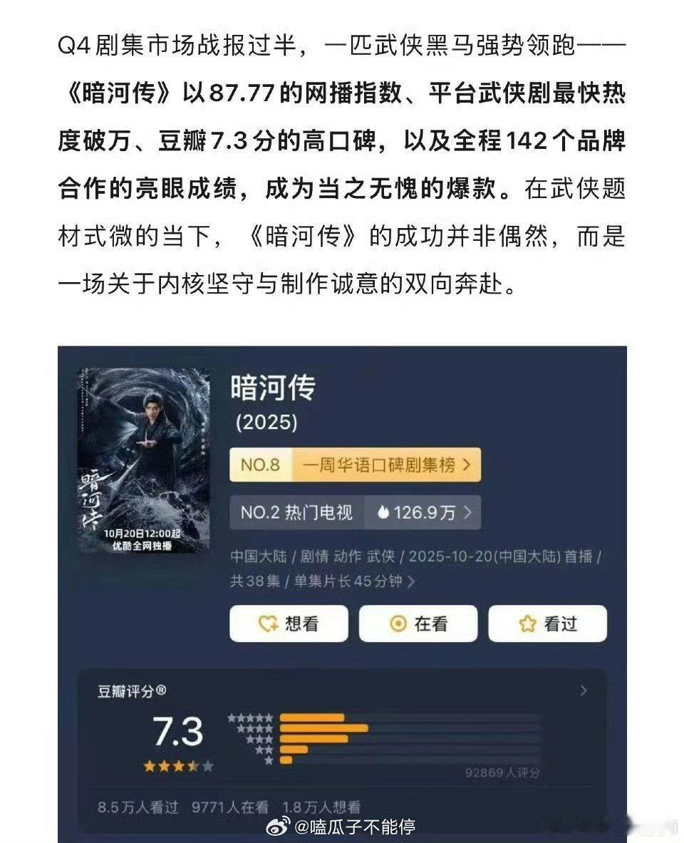 V榜认证龚俊《暗河传》成为Q4剧集当之无愧的爆款 ，龚俊演活了苏暮雨