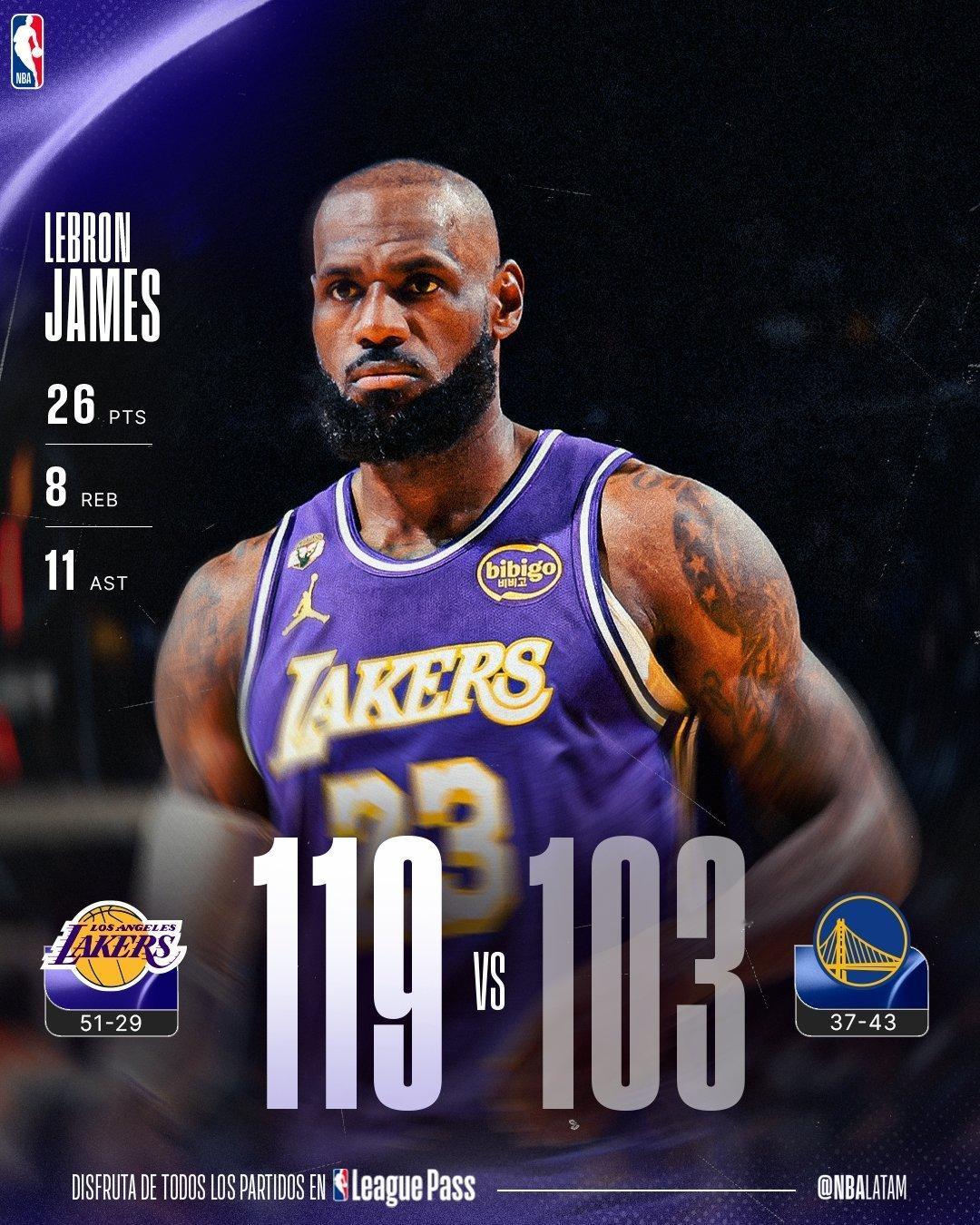 詹皇三双率队狂胜！湖人119-103掀翻勇士，金州王朝彻底跌落神坛，季后赛席位悬