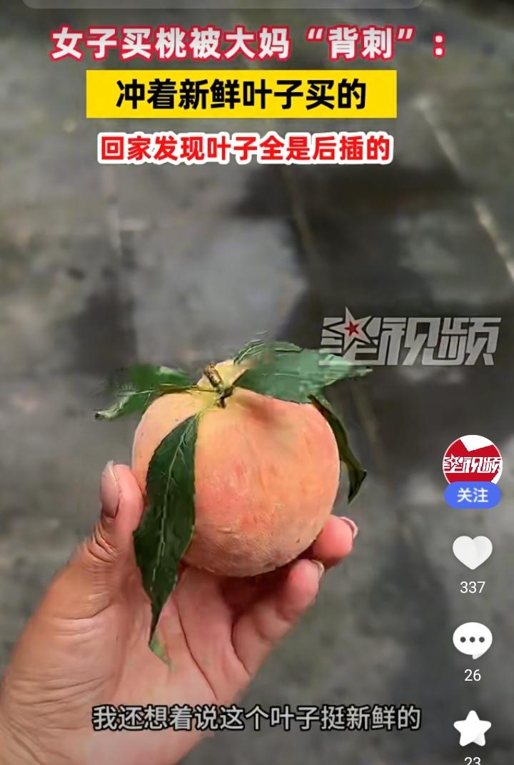 大妈卖桃竟然使八百个心眼子，新鲜叶子是后插的，诚信全丢了。这年头做点小生意，套路