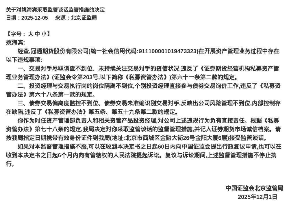 冠通期货被责令改正，责任人被监管谈话