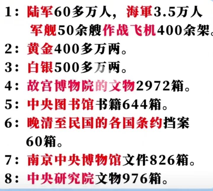 蒋介石逃到台湾省时，带去很多家当。几乎把大陆上的钱财、文物、都带走了。什么时候能