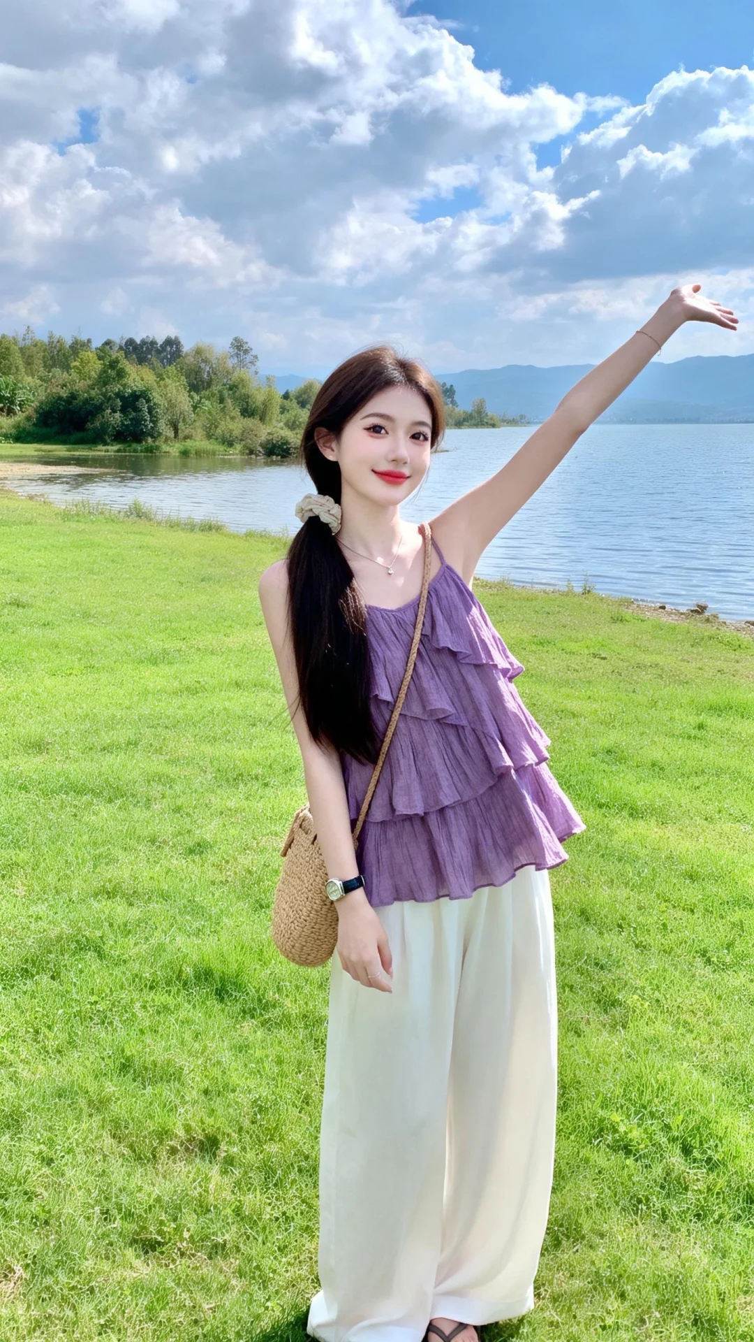 日常生活快照，随手一拍，采用中景构图，以平视的摄影视角呈现。冷白皮甜美...