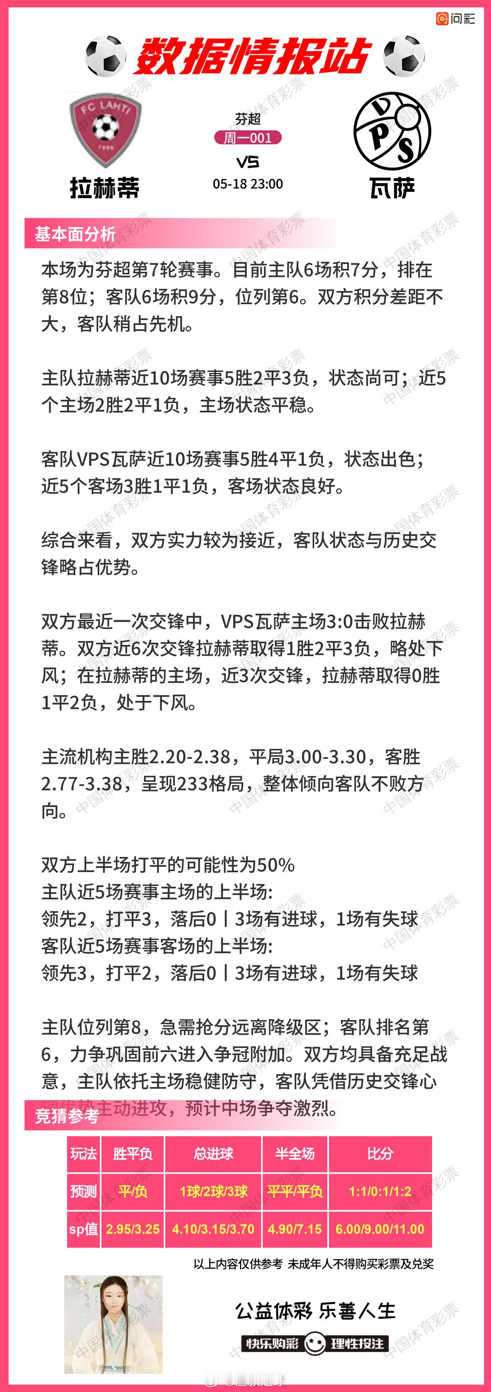 5月18日赛事情报站 拉赫蒂VS瓦萨佐加顿斯VS天狼星厄尔格里特VSIFK哥德堡