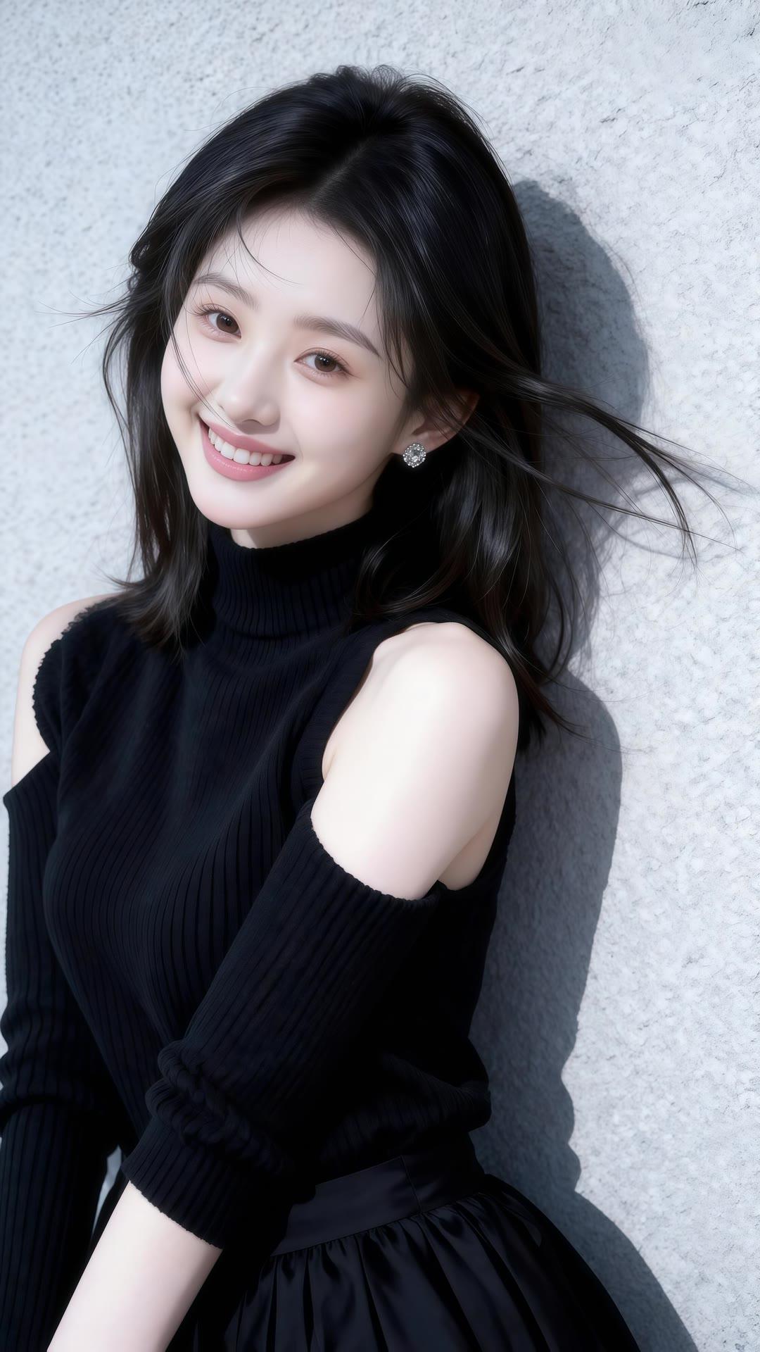 黑衣少女，甜美笑容，阳光下的动人瞬间