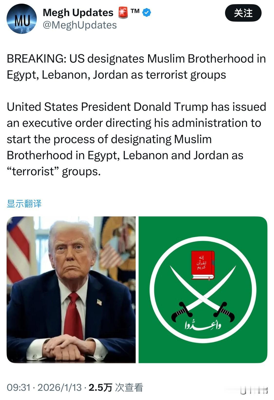 突发：美国将埃及、黎巴嫩和约旦的穆斯林兄弟会列为恐怖组织。

美国总统唐纳德·特