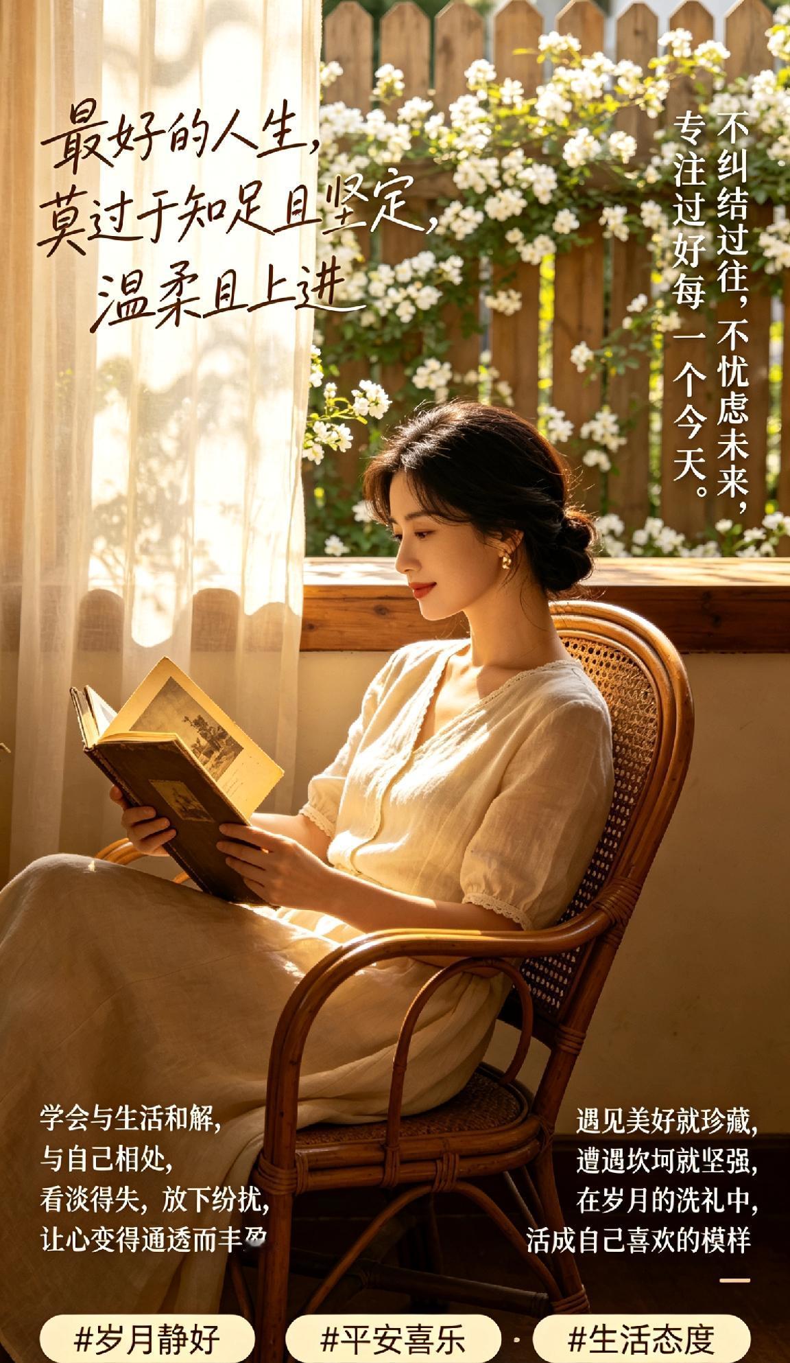 岁月缓缓，时光安然，最好的人生，莫过于知足且坚定，温柔且上进。不纠结过往，不忧虑