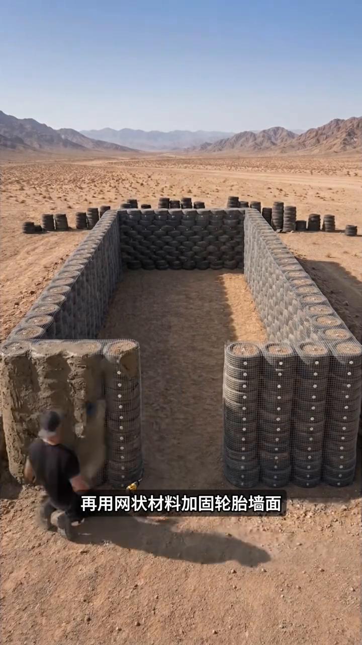 废胎搭建秘境。
谁能想到男子打工返乡创业，竟用废旧轮胎在荒野中徒手造出一间地下工