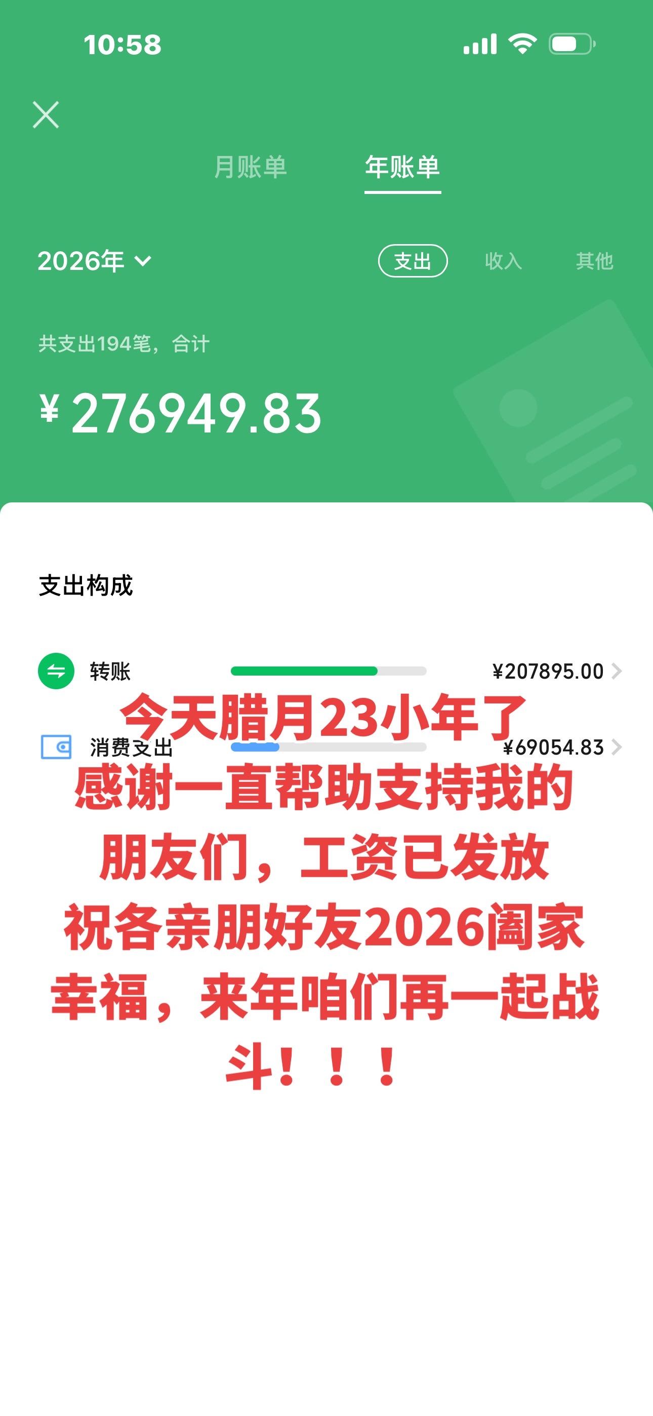今天腊月23了，所有工资已发放，心里说不出来的轻松愉悦，再次感谢一直支...