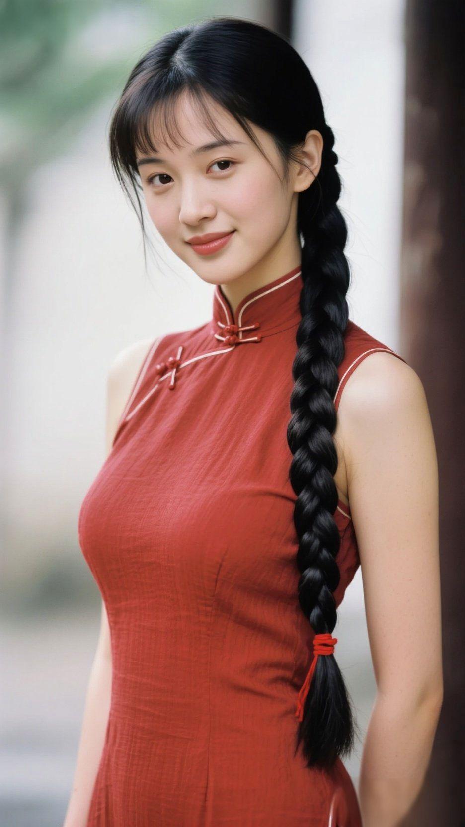 红襟裹着巷弄温软
 
风携老巷的柔意掠过肩头，她像把岁月的红织进了襟衫里——无袖