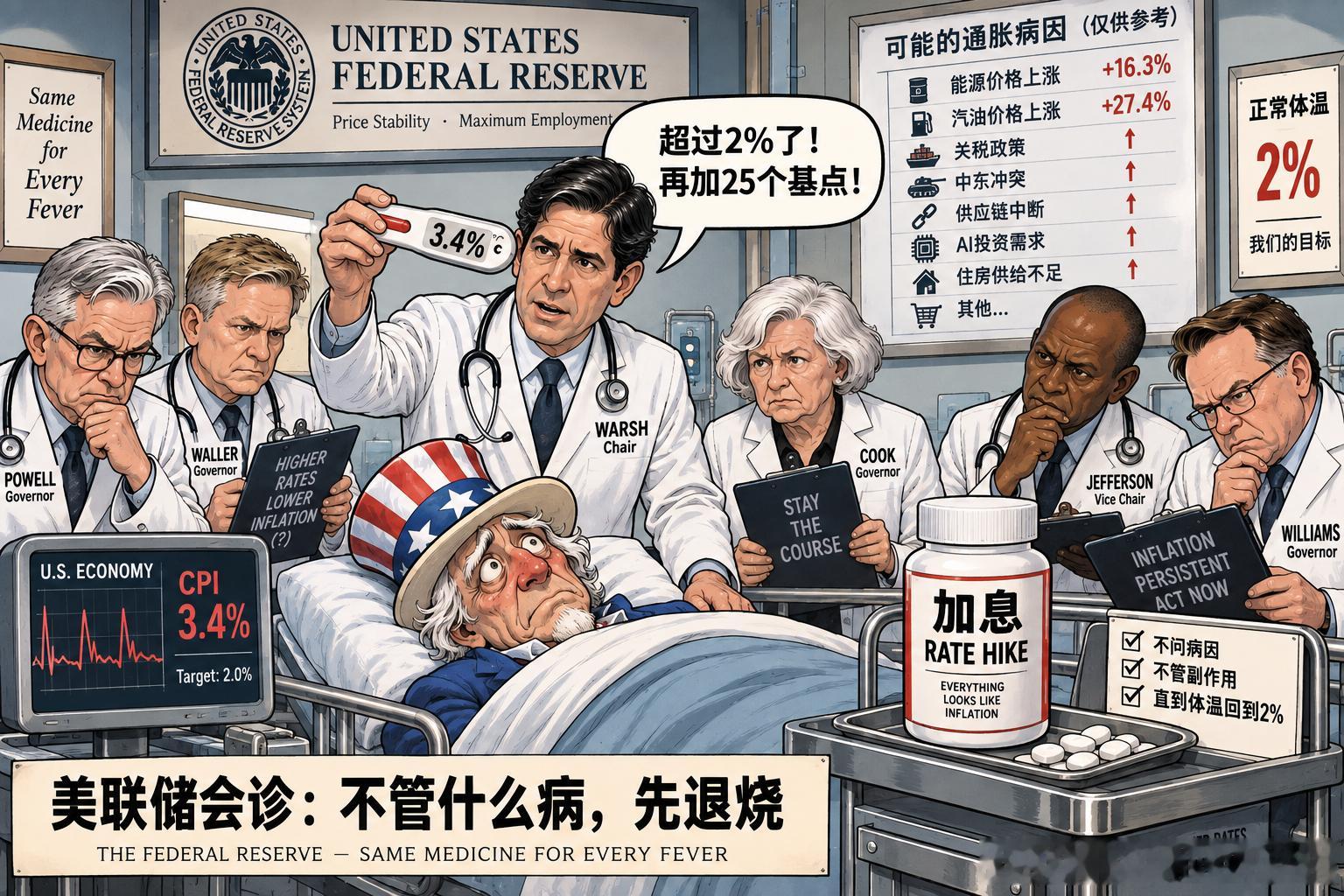 美联储宣布加息25个基点一个病人走进医院，医生看了一眼体温计：超过37℃。“发烧