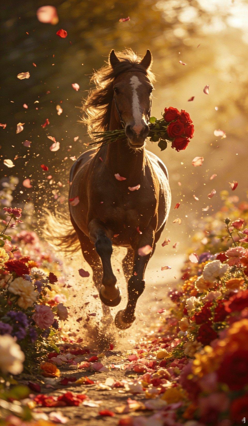 恰逢情人节，赤红骏马载着满腔热忱，踏过铺满玫瑰与洋桔梗的花路飞奔而来。墨色鬃毛在