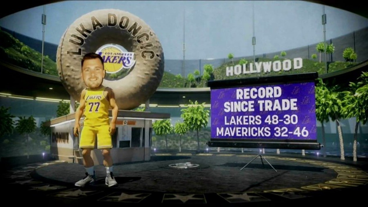 转播方数据，东契奇交易之后，湖人战绩48胜30负，独行侠战绩32胜46负。湖人v