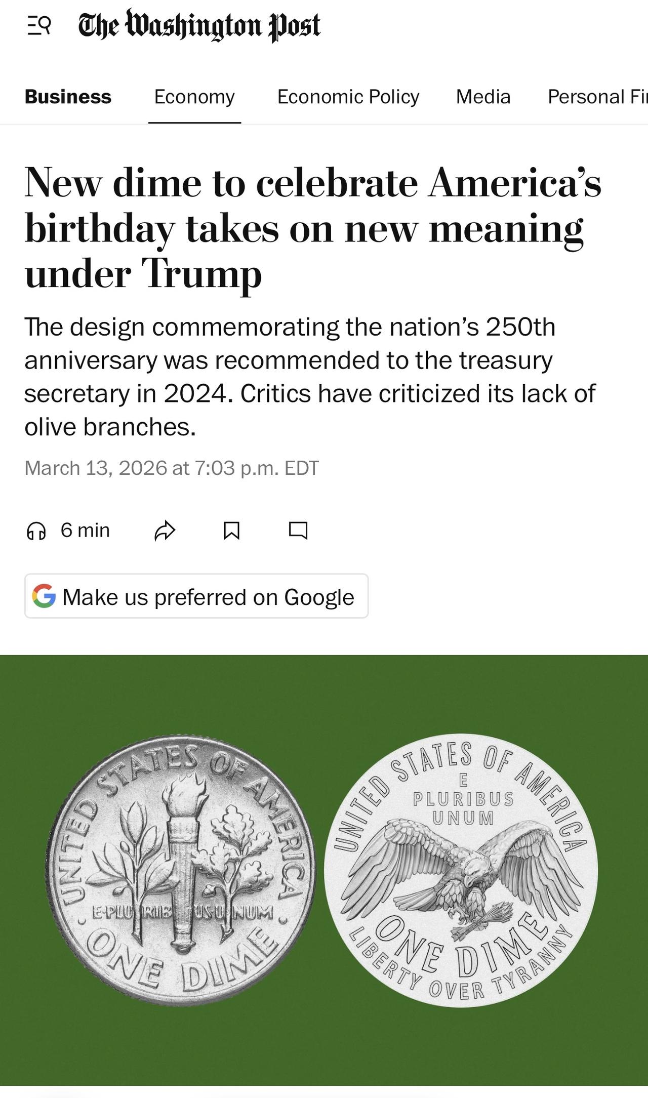 为纪念美国建国250周年而发行的纪念硬币因缺少橄榄枝（和平的象征）而受到批评。