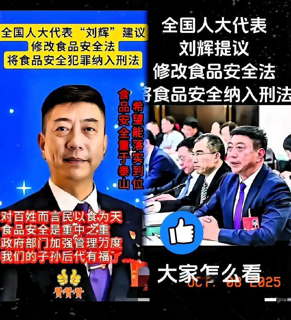 太给力了[赞]
全国人大代表刘辉在全国两会期间提出，应该将食品安全纳入刑法，并对