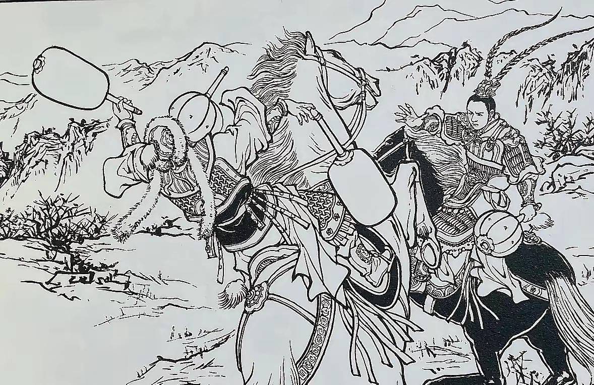图中岳家军小将不讲武德，因为不是金国猛将的对手，他居然玩儿起了阴招，他...