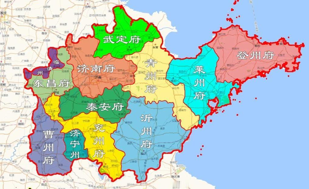 看着地图学历史一一
清末（1820年）山东省的行政区划是这样的：山东省下辖10府