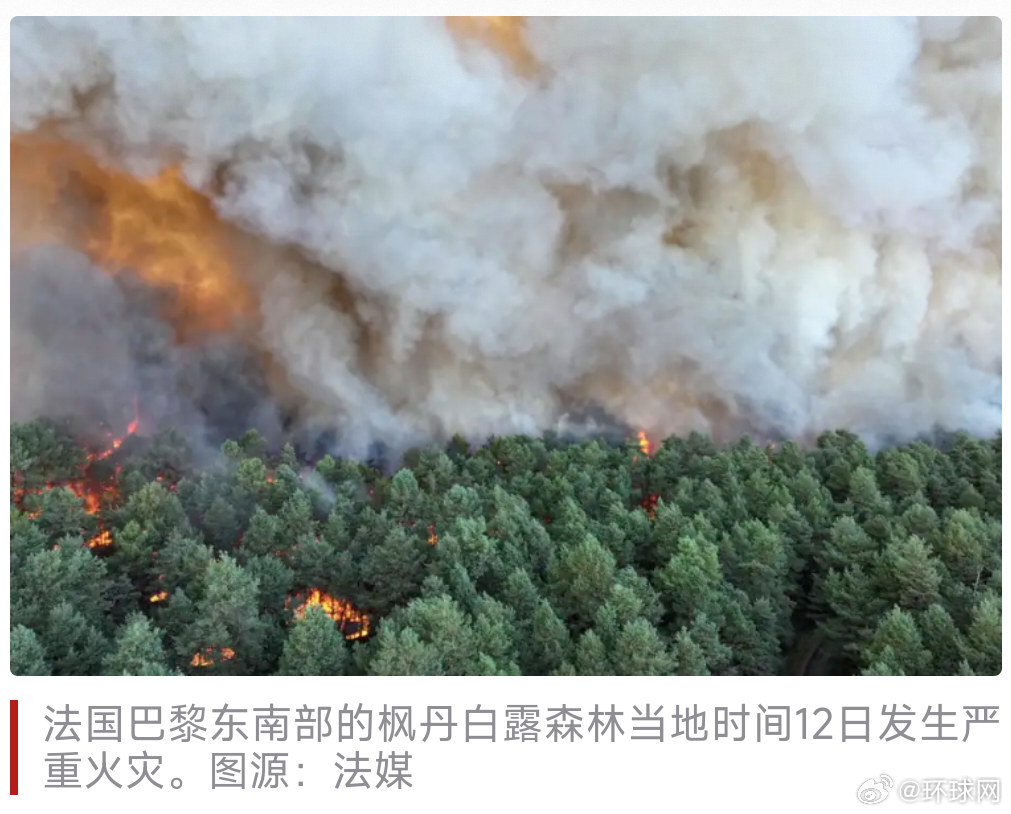 【法媒：#法国枫丹白露森林发生严重火灾#，火势持续蔓延，法国内政部长将赶赴现场】