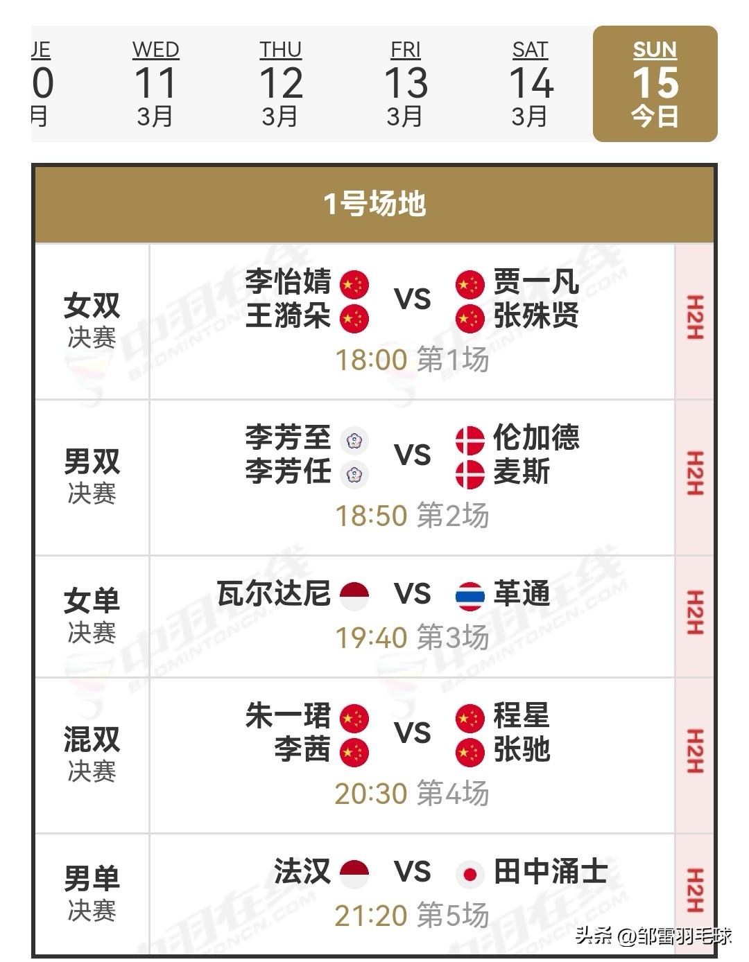 3月15日瑞士羽毛球公开赛决赛赛程安排

国羽在半决赛中4胜3负。星驰组合历经三