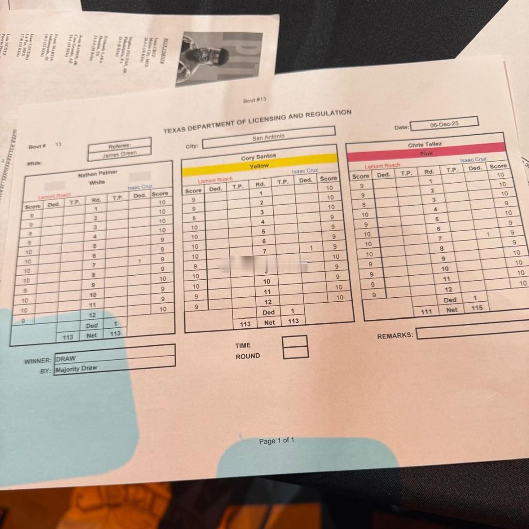 拳坛速递 官方记分卡。伊萨克-克鲁兹Isaac Cruz vs 小拉蒙特·罗奇L