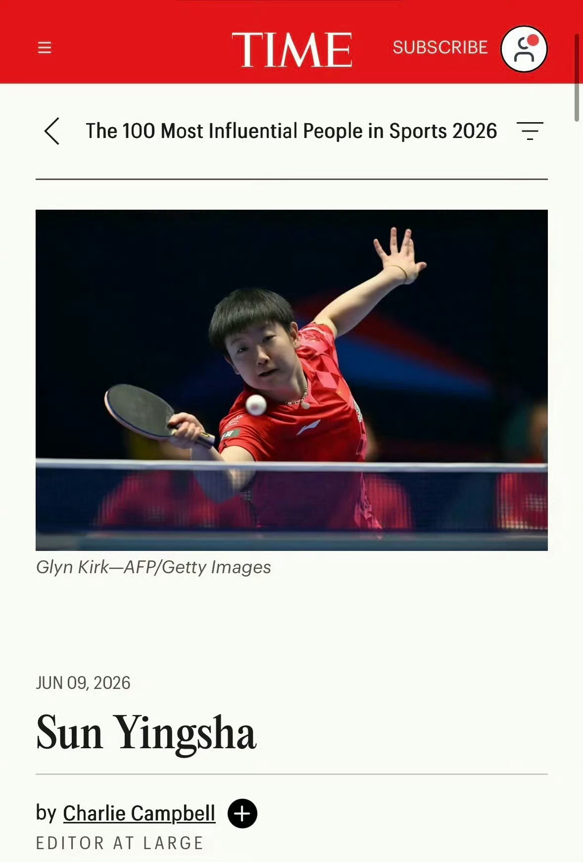 孙颖莎入选时代周刊体育百大孙颖莎作为乒乓球项目入选Time100 Sports第