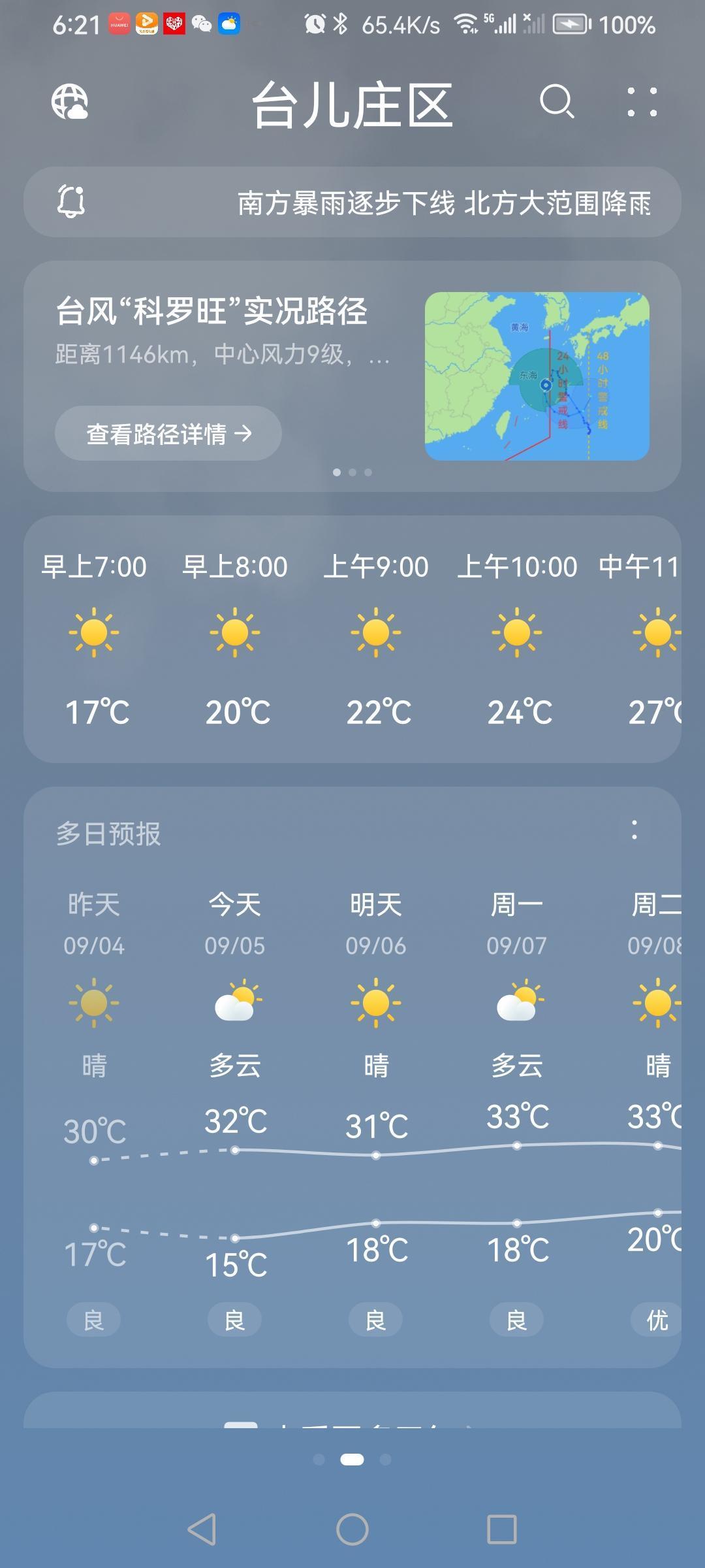 “9.5”周六，天气预报“多云”。气温15—32度