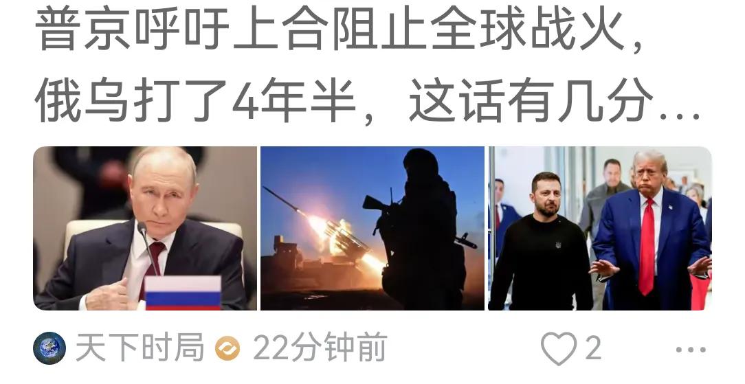 全球战火，主要是俄乌战争，俄罗斯把兵撤回便停火了，普京又何必呼吁别人来阻止。
