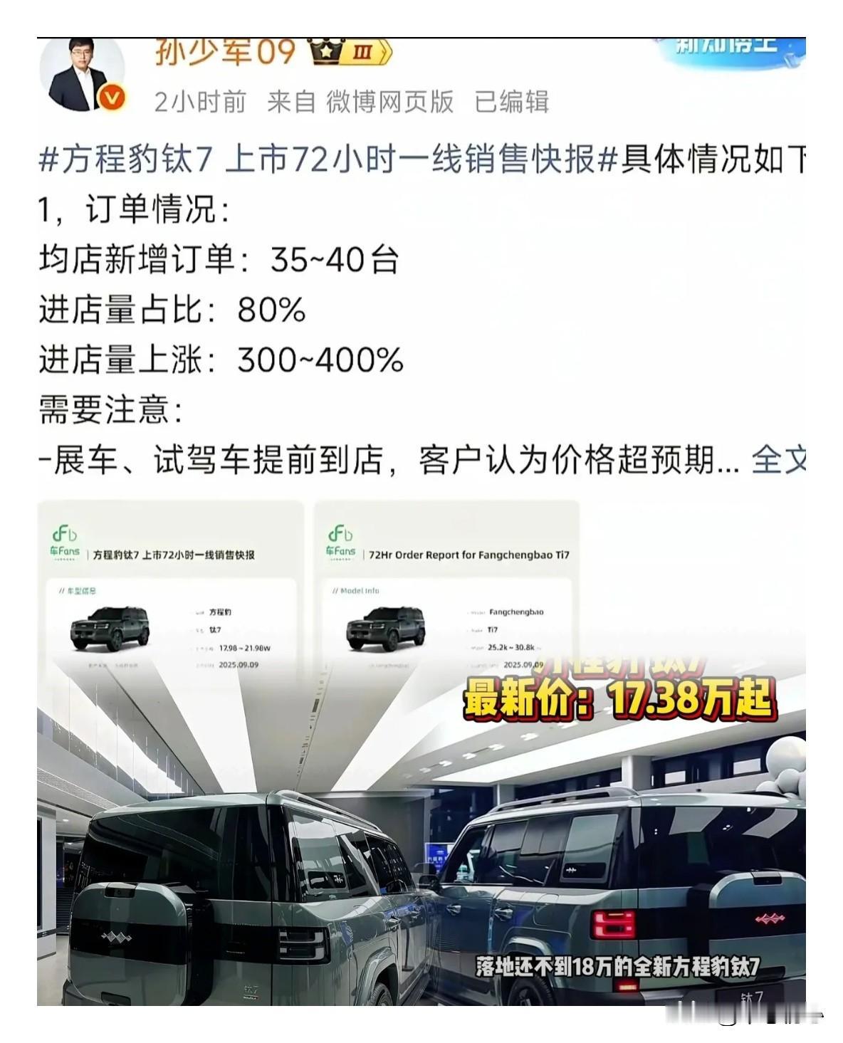 王传福又要失眠了，
因为方程豹钛7的销量已经超过了预期。
方程豹钛7上市仅仅一个
