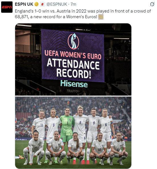 2022年，英格兰女足以1-0战胜奥地利女足，现场观众人数达到68,871 人，