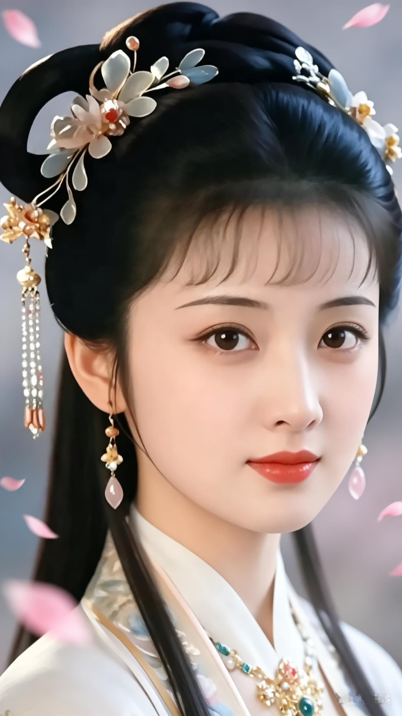 佳人眼波温婉，发间珠钗轻晃灵动雅致，漫天粉瓣悠然飘落。柔润柔光轻衬清丽容颜，氛围