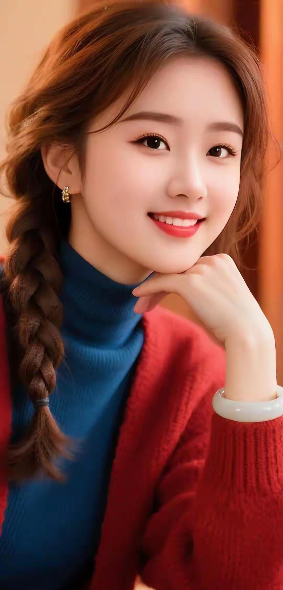 冬日暖阳下，甜美笑容的少女，红蓝撞色毛衣，温暖又可爱。🌞💕