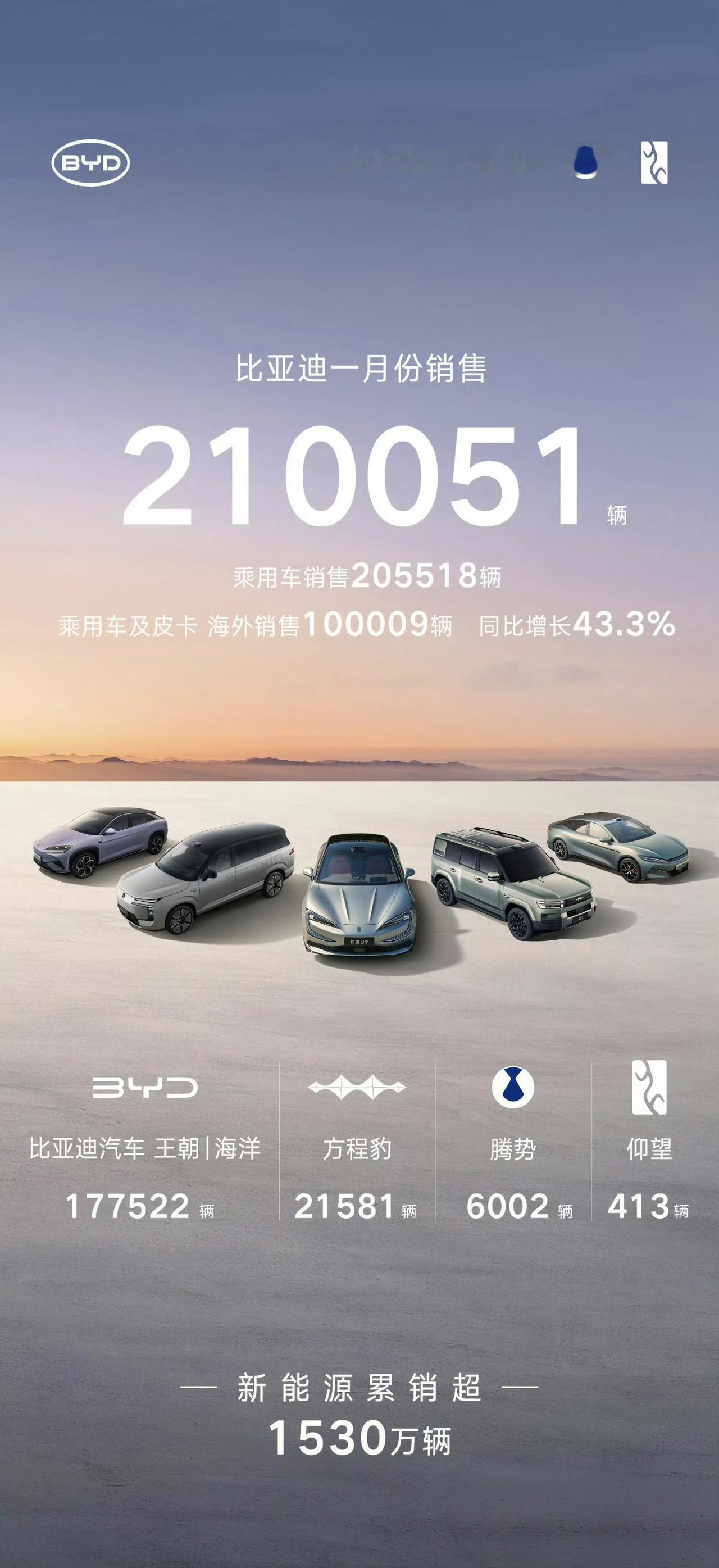 比亚迪1月销量，总销量21万，亮点是出口10万辆，这很不错。
1月销量都不太好，