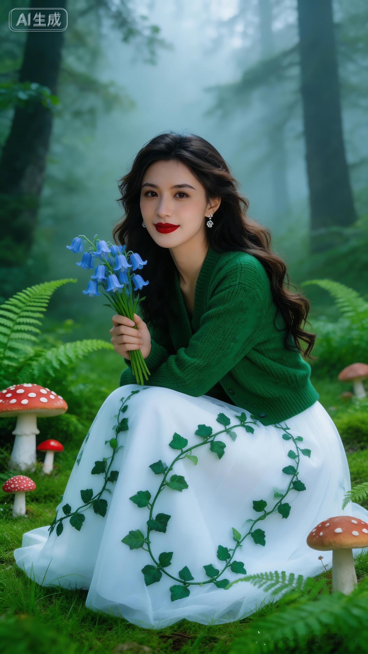 梦幻森林中的少女，手持蓝铃花，裙摆飘逸，宛如童话世界。