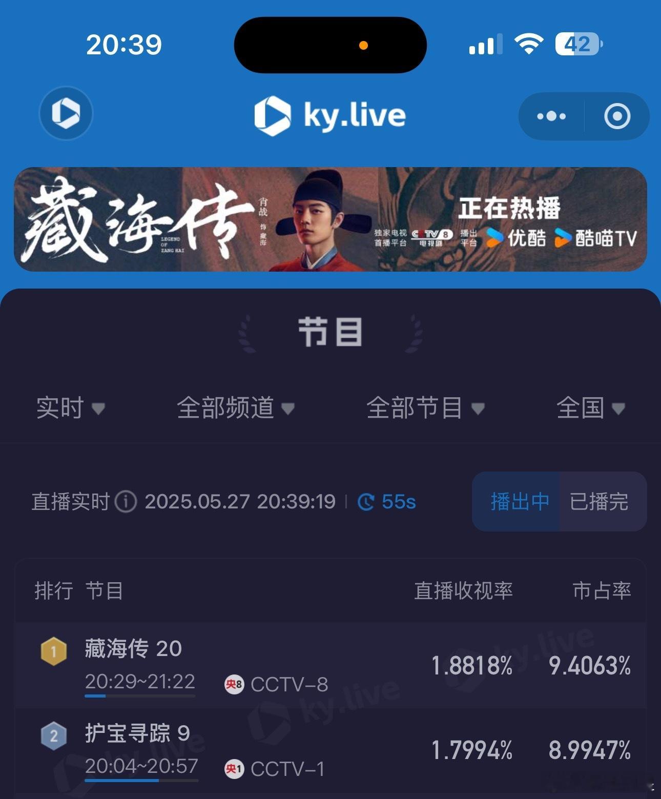 我感觉《藏海传》已经成功把央1的观众抢走了一点，第二集很明显藏海传一开播央一的收