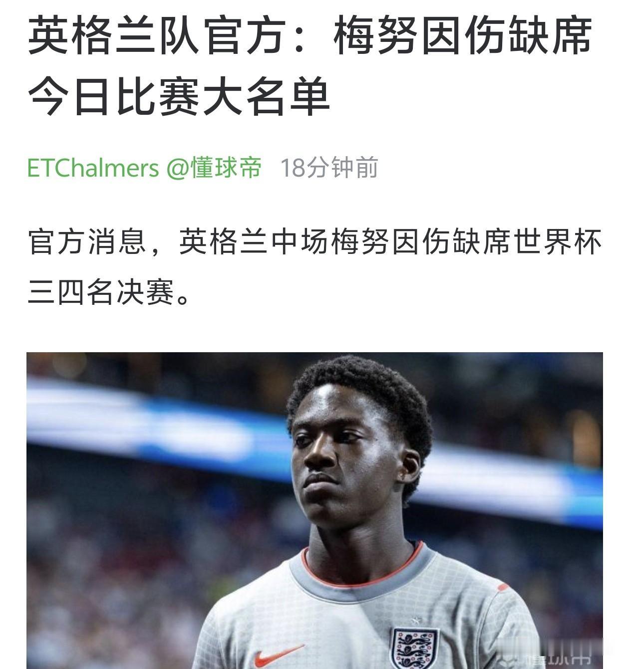 专职看饮水机！身价7000万的梅努本届世界杯一分钟未踢，还因伤错过英法收官战。