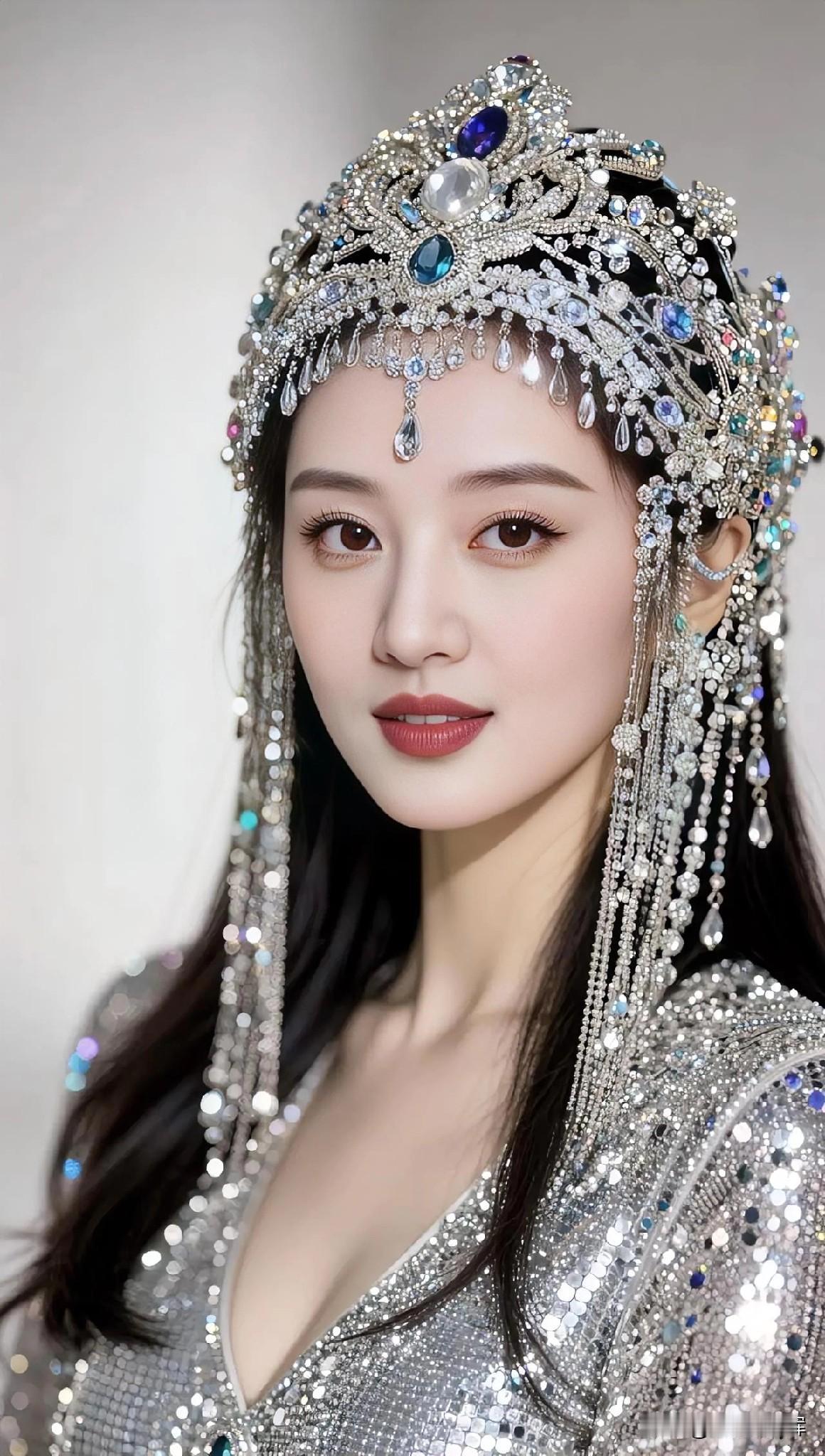 银辉缀满肩头，她如星河倾泻。

冠冕垂落流光，眸中盛着静谧的月。

每一颗宝石，