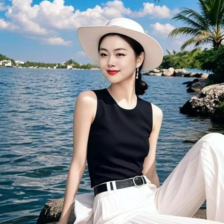 海边度假穿搭指南：黑色背心+白色高腰裤，时尚又舒适露背度假穿搭 海滩美女穿搭 度