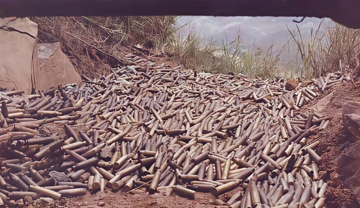 开战第一天，10万发炮弹砸出去，山都震三震。
弹壳堆成山，比村口的柴火垛还高。