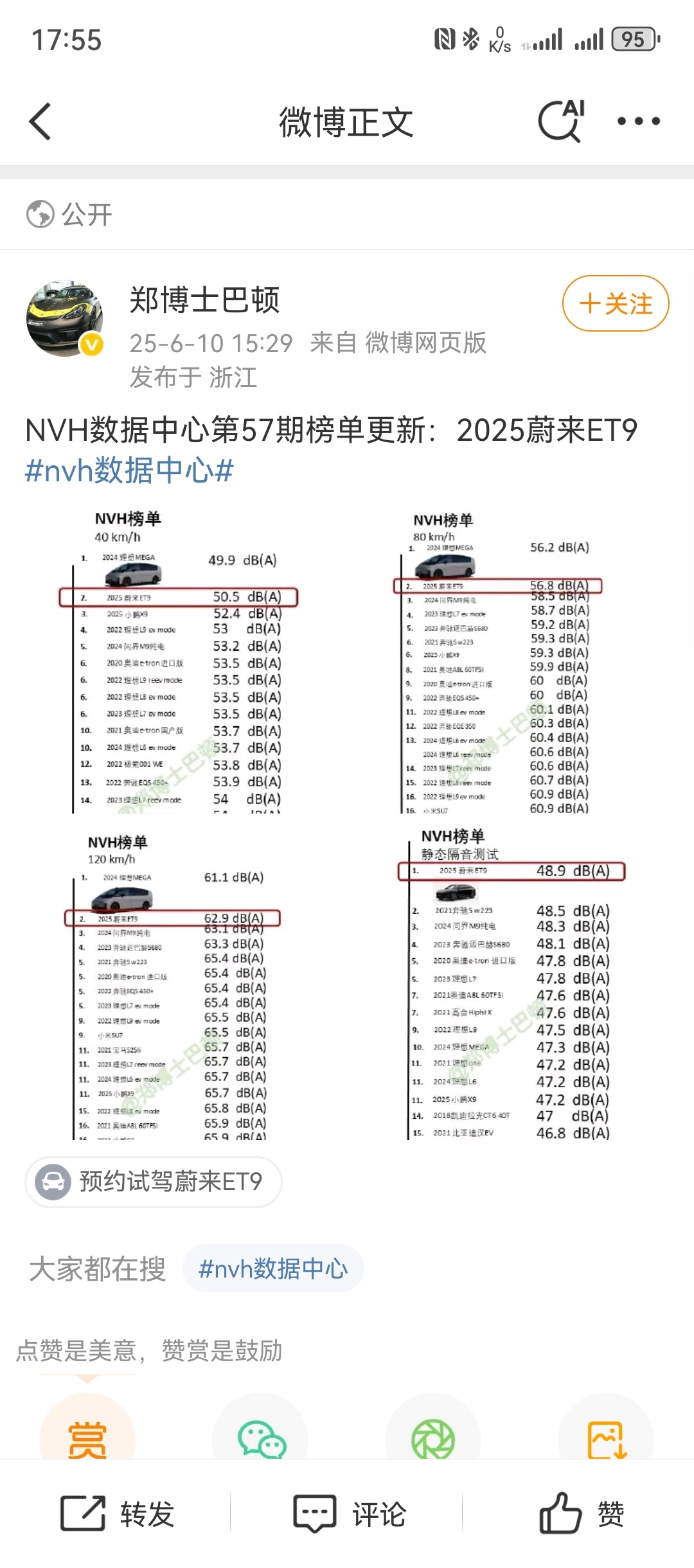 郑博士巴顿的最新NVH榜单来了！蔚来ET9强势拿下第二理想MEGA已经霸榜已经一
